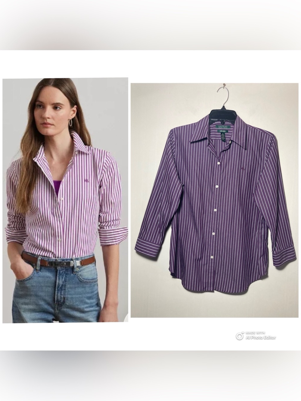 Like New Lauren Ralph Lauren 3/4 Sleeve Split Open Cuffs Non-Iron Shirt Medium